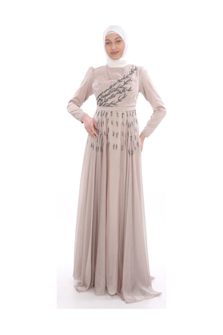 Taş İşleme Detaylı Tesettür Abiye Elbise 741-bej Bej