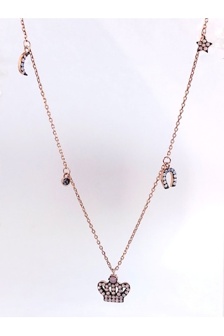 Gümüş Opal Taşlı Gold Taç Tasarım Kadın Kolye