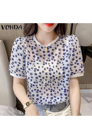 Koyu Mavi Vonda Kadın Yaz Yuvarlak Yaka Puf Kısa Kollu Pileli Çiçekli Bol Bluz