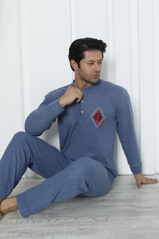 Falkom 5006 İnterlok Kalın Kışlık Çizgili Erkek Ev Pijama Takımı Mavi