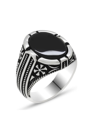 925 Ayar Gümüş Bombeli Siyah Oniks Taşlı Erkek Yüzük (429371720)