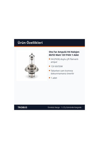 Trobus Oto Far Ampulü H4 Halojen 60/55 Watt 12v P43t 1 Adet