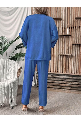 Tua Moda Kadın Uzun Kollu Önü Açık Dokuma Ceket Ve Pantolon Ikili Takım Mavi