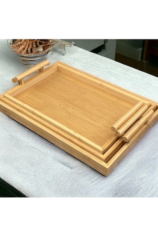 Büyük Boy Bambu Dikdörtgen Tepsi Sunum Servis Tepsisi 41 29cm