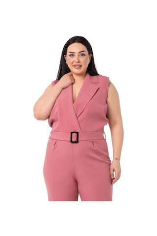 Büyük Beden Kruvaze Beli Lastikli Fermuar Kapamalı Kemerli Gül Kurusu Tulum-gül Kurusu Gülkurusu