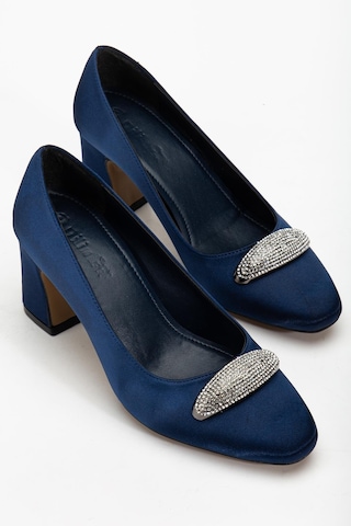 Kadın Siletto Topuklu Ayakkabı Lacivert Saten Taşlı Kalın Topuklu-4170 Lacivert