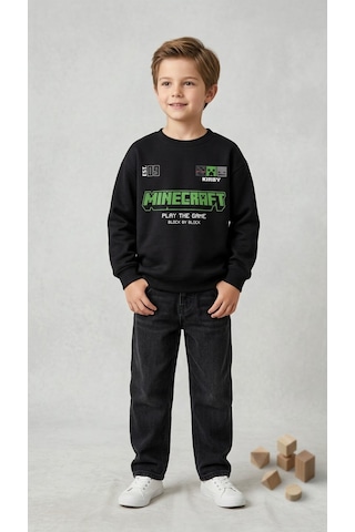 Emila Kids Erkek Çocuk Sweatshirt - Siyah- Baskılı İki İplik %100 Pamuk