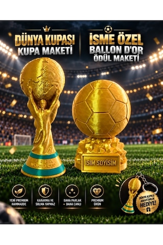 Dünya Kupası Ve İsime Özel Ballon D'or Futbol Ödülü Maketi Seti Dünya Kupası Anahtarlık Hediyeli 20cm
