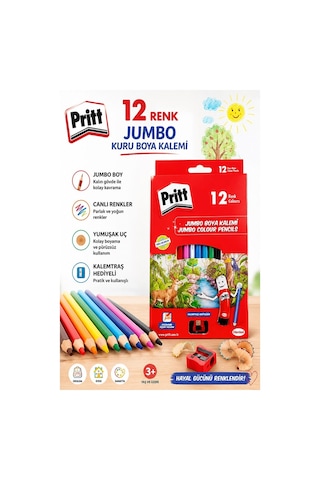 12 Li Jumbo Kuru Boya Kalemi Üçgen 1 Paket Pritt Kalın 12 Renk Jumbo Kuruboya Tam Boy Renkli Kalem Karton Kutu Kalemtraş Çok Renkli