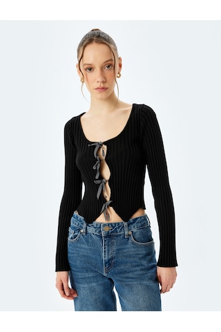 Koton Fiyonklu V Yaka Slim Fit Crop Triko Hırka Siyah 5sal90020ht Siyah