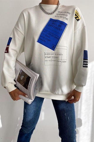 Femelle Kadın Beyaz Düşük Omuz 3 İplik Şardonlu Oversize Pamuk Sweatshirt
