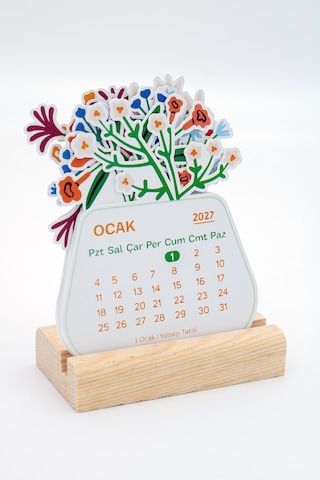 Ahşap Standlı Özel Kesim Botanik Çiçek Tasarımlı 2027 Masaüstü Takvimi 8,5x11 Cm - Estetik Yeni Yıl Hediyesi Çok Renkli
