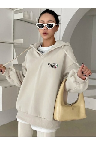Altamira Unisex Happy Baskılı Oversize Kapüşonlu Sweatshirt 001