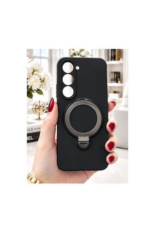Tecno Spark 40 Pro İle Uyumlu 360 Derece Dönebilen Kalın Metal Magsafe Halka Stantlı İçi Kadife Korumalı Ultra Lüx Premium Silikon Kılıf Siyah