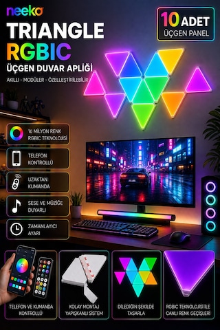 Triangle Rgbıc Üçgen Duvar Apliği Telefon Ve Kumanda Kontrollü Özelleştirilebilir 10 Parça Rgb-ıc