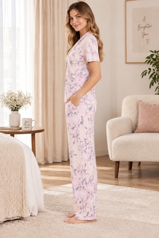 Lılac Kadın %100 Viskon Pudra Pembe Çiçek Desenli Gömlek Yaka Pijama Takımı Pudra Pembe Pudra Pembe