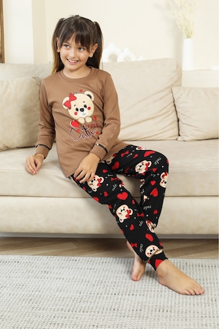 Kız Çocuk Ayıcık Baskılı %100 Pamuk İnterlok Kumaş Pijama Takımı 12347 Kahverengi
