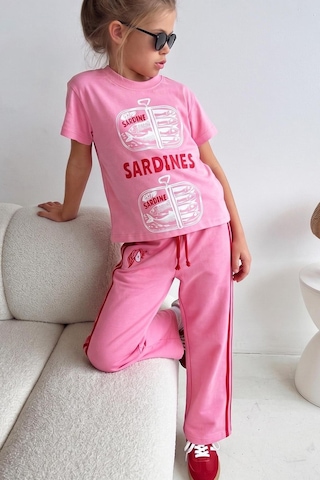 Monila Kız Çocuk Pamuklu Pembe Baskılı T-shirt Ve Eşofman Alt Üst Takım