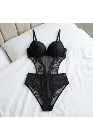 Ellovia Dolgulu Dantelli Bodysuit Sütyen Takımi B Cup Bordo