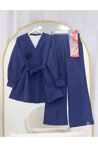 Lovie Moda Gül Detaylı Pantolonlu İkili Takım Mavi
