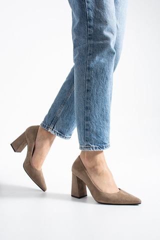 Dericia Shoes Victory Kadın Hakiki Deri Süet Yüksek Kalın Topuklu Ayakkabı Bej