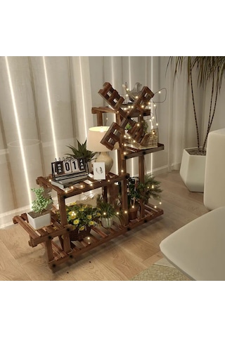 Eskitme Ahşap Dekoratif Çiçeklik Saksılık Balkon Bahçe Standı Ceviz