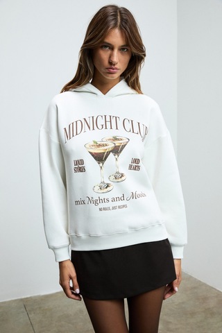 ETHIQUET UKKIS Kadın Yumuşak Kumaşlı Nakışlı Kapüşonlu Ekru Sweatshirt