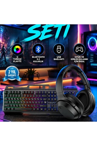 Türkçe Q Işıklı Oyuncu Klavye Ve Mouse Seti Bluetooth 5.2 Kulaklık Usb Bağlantı