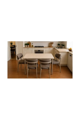 Tool Aksesuar T-6001 Traverten 70x120 Mdf Polo Kahverengi Sandalye 4 Kişilik Yemek Masası Takımı