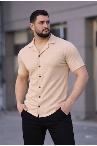 Tarzyeri Erkek Waffle Kumaş Kısa Kollu Düğmeli Açık Yaka Regular Fit Gömlek - Bej Beyaz