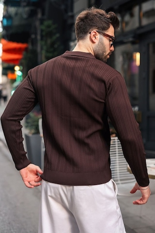 Madmext Kahverengi Polo Yaka Desenli Over Fit Erkek Triko Kazak E7517