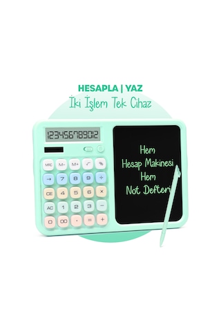 Lcd Ekran Yazı Tahtalı Hesap Makinesi 12 Haneli Tabletli Hesap Makinesi Pastel Yeşil