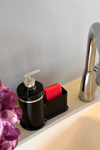 Makri Home Mutfak Veya Banyo İçin Şık Gümüş Detaylı Süngerlikli Sıvı Sabunluk , Yerli Üretim Siyah