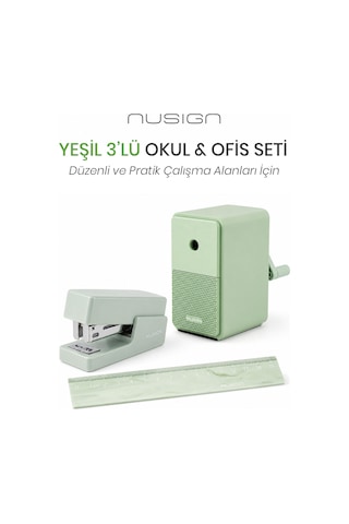 Nusign Kalemtraş &zımba & Makas Kırtasiye Seti - Yeşil