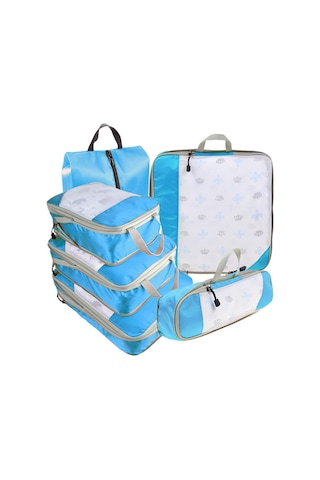 Symbee Mavi Seyahat Organizer Seti 6'lı, Sıkıştırılabilir Ağ Desenli, Ev Ve Seyahat İçin El Çantası Tipi Depolama Çantaları Mavi