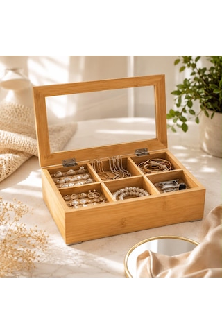 6 Bölmeli Kapaklı Organizer Bambu