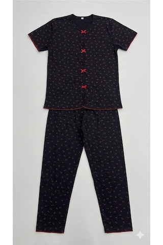Sleeproom Yazlık Siyah Kiraz Desenli Kısa Kol Penye %100 Pamuk Pijama Takım