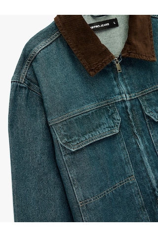 Koton Regular Fit Uzun Kollu Kapaklı Cepli Renk Kontrastlı Yaka Jean Ceket Koyu İndigo 6wam50030nd İndigo