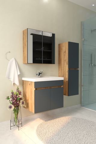 Makbulce Tokyo Havlu Dolaplı 65cm Seramik Lavabolu Mdf Aynalı Banyo Dolabı-atlantik Çam&antrasit Gri Antrasit Gri - Atlantik Çam