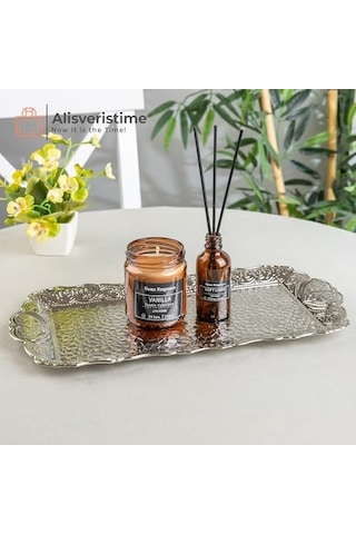 Osmanlı Motifli Küçük Metal Servis Tepsisi Dekoratif Sunum Tepsisi, 36 X 18 Cm, 306 G Gümüş Grisi 15cm