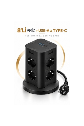 8 Li Çoklu Priz Usb-a + Type-c Şarj Girişli Güç Ve Şarj İstasyonu 0 - 2 M