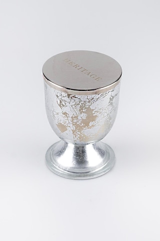 Gümüş Varak Eskitme Ayaklı Cam Mumluk Kokusuz Mum Yazı Kapaklı Küçük 8.5x11.5 Cm