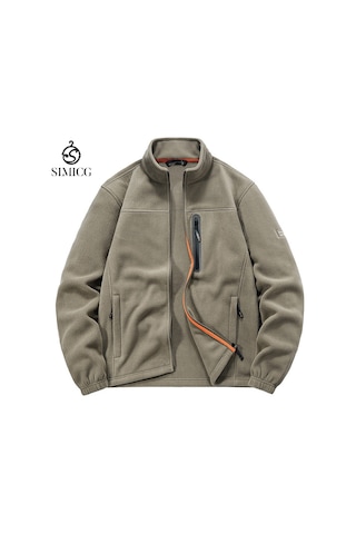 Erkekler İçin Açık Hava Çok Cepli Günlük Dik Yaka Polar Ceket Haki