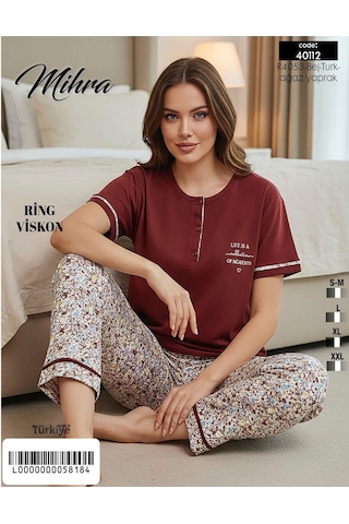 Mihra Kadın Ring Viskon Düğmeli Yaka Kısa Kol Likralı Pijama Takımı 40112bo - 1 Adet Bordo