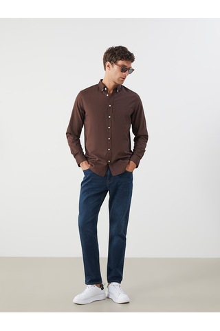 Lcwaıkıkı Classic Kahverengi Regular Fit Uzun Kollu Keten Karışımlı Erkek Gömlek