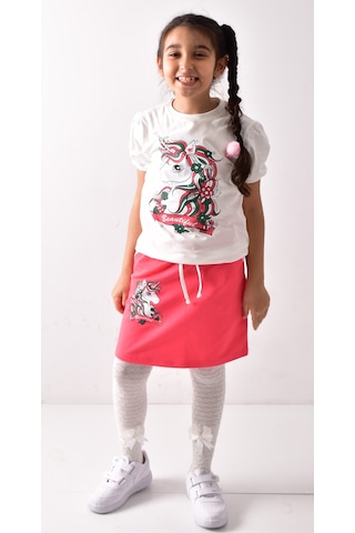 Banadamoda Kız Çocuk Baskılı T-shirt-Etek Takımı Beyaz - Pembe