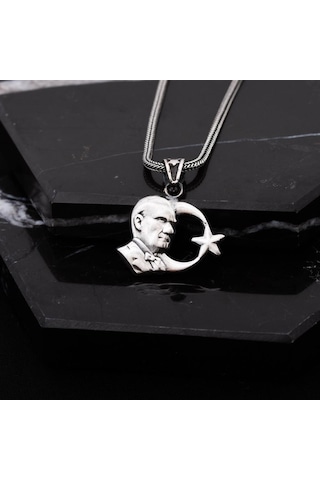 Atatürk Portreli Ayyıldız Gümüş Erkek Kolye