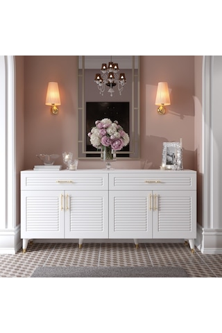 Panjurlu Mdf Membran Kapaklı 4 Kapaklı 2 Çekmeceli Konsol 180 Cm Modern Beyaz Gold Beyaz - Altın