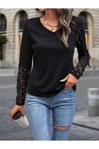 Tua Moda Kadın Uzun Kollu V Yakalı Dantelli Waffle Bluz Siyah
