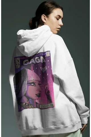 Sevbano Tasarım Lady Gaga Şarkıcı Sırt Baskılı Unisex Oversize Penye Hood beyaz